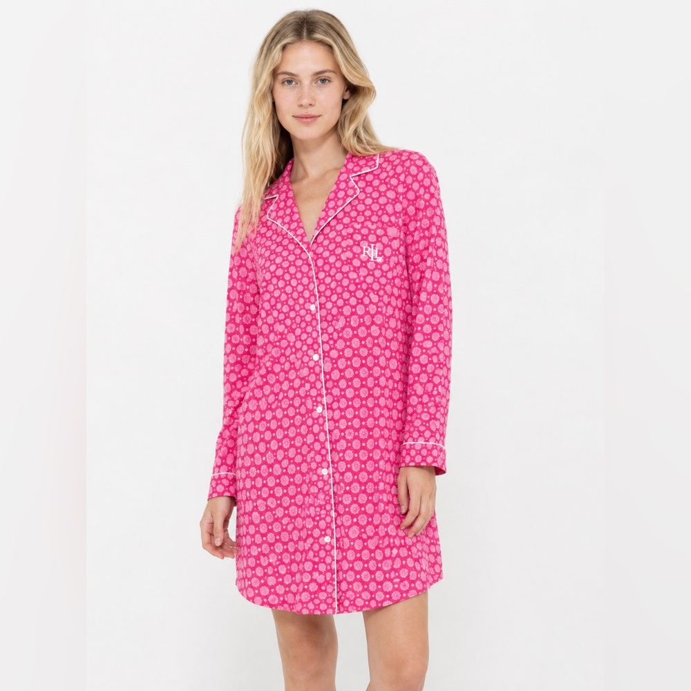 Ralph Lauren Hot Pink Printed Button-Front Nightshirt Pajama Shirt Small cotton